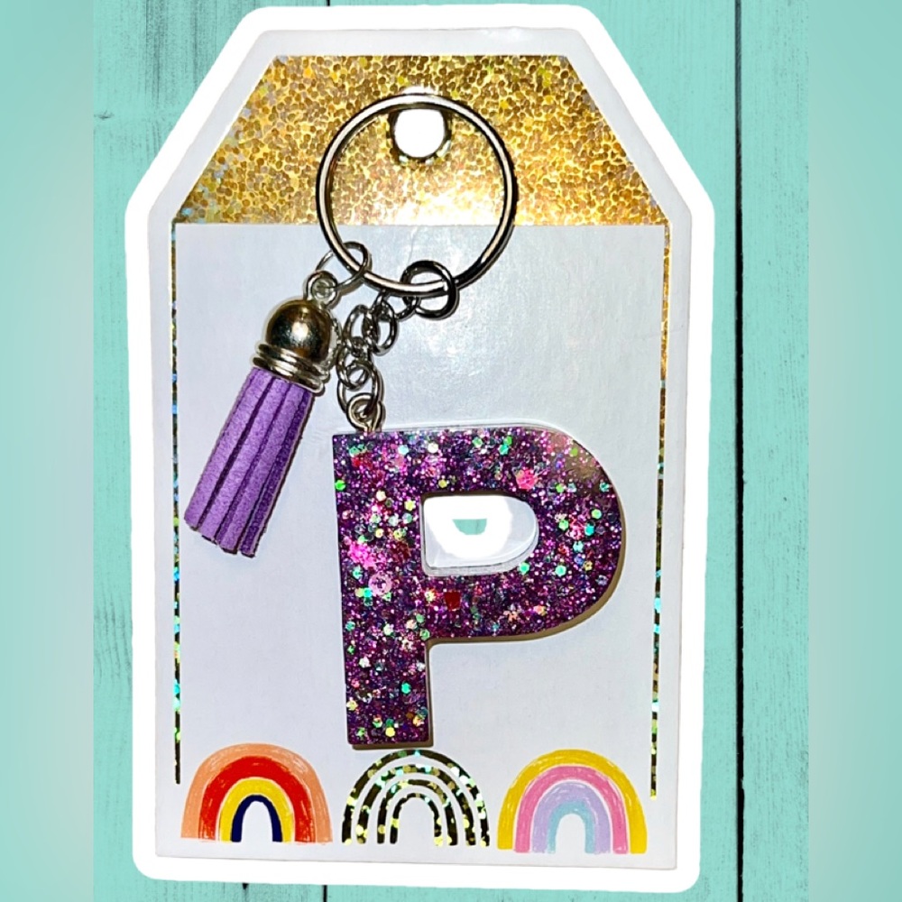 letter P glitter resin keychain, will add any name!